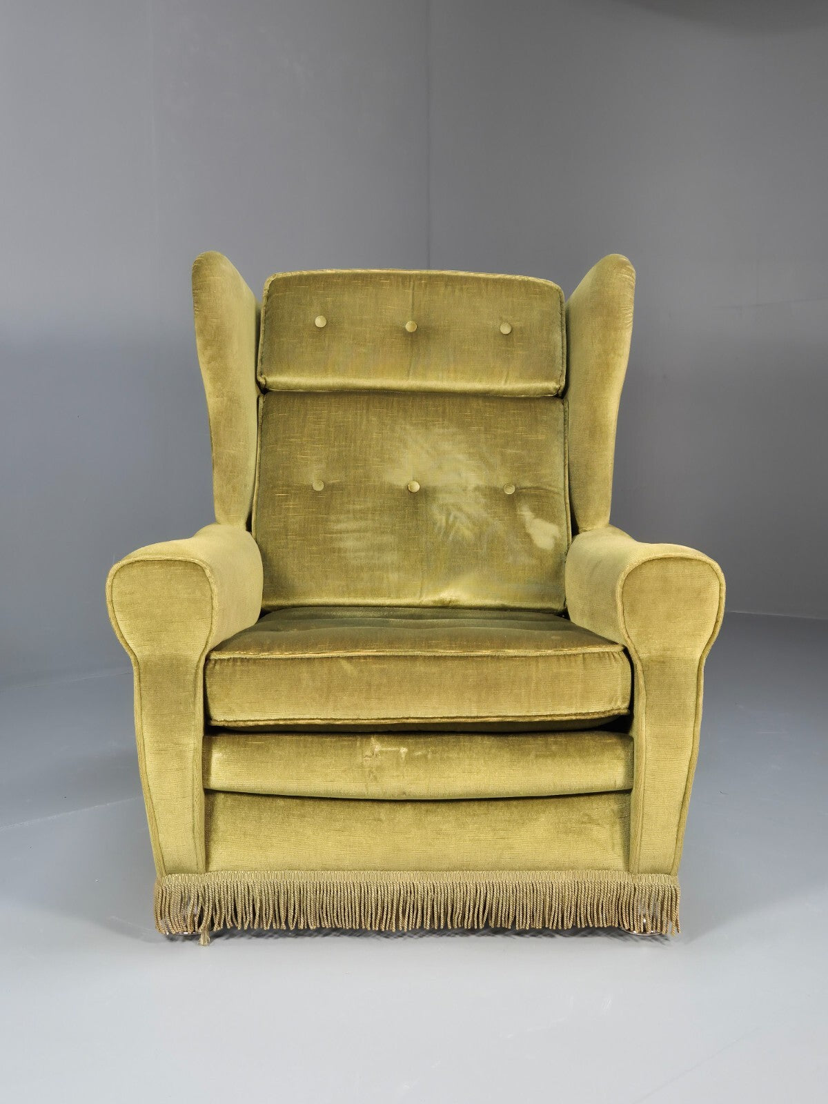 Vintage Danish Green Wing Back Lounge Chair 1970s Retro Tassels EB9576 VCLO - UKDK FURNITURE