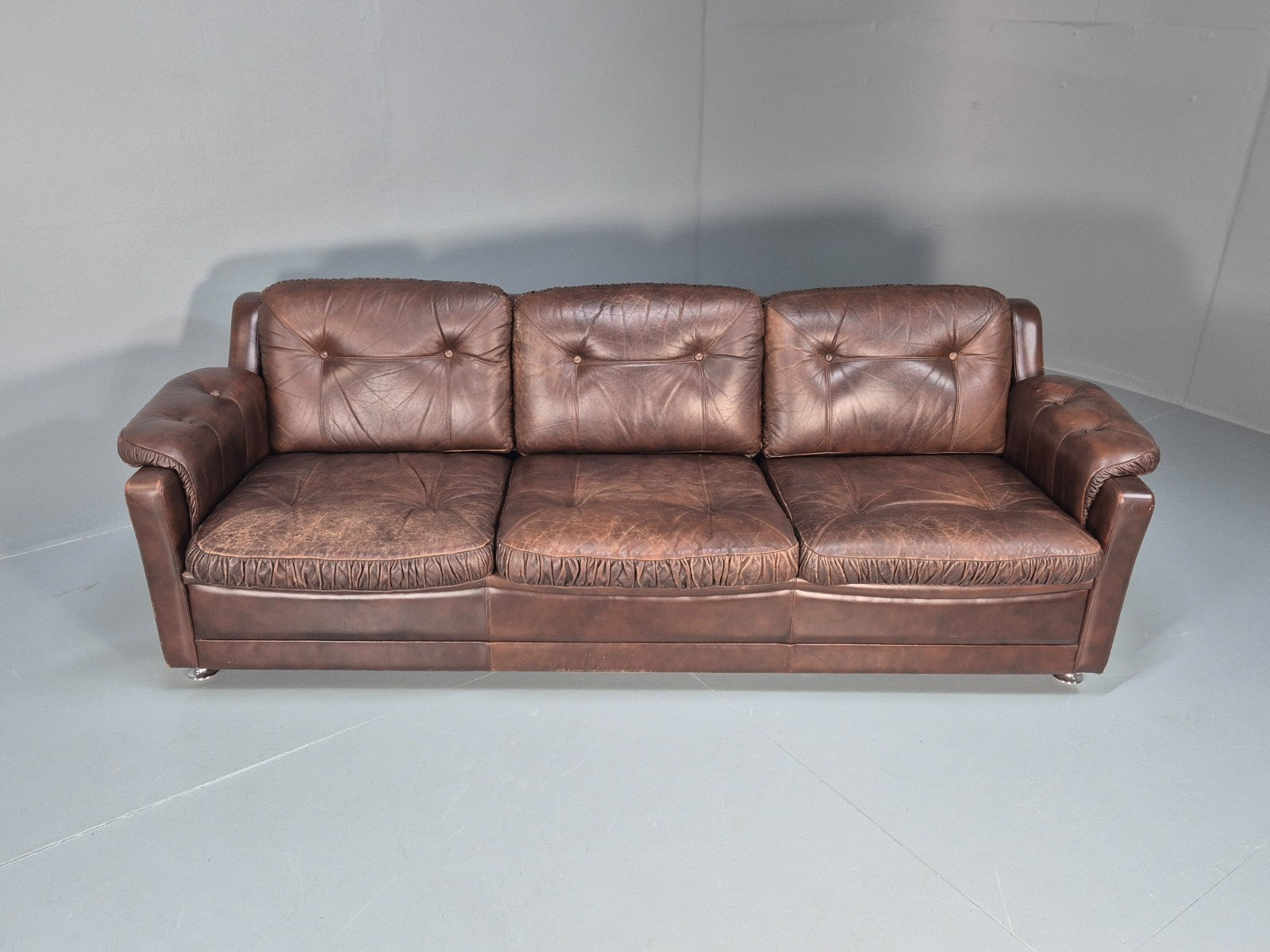 1970s Three Seat Retro Sofa Danish Brown Leather Vintage  EB10687 V3SS4