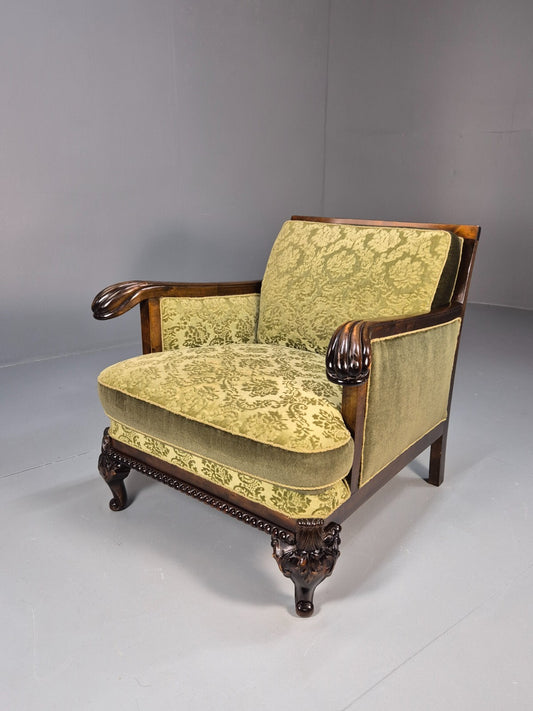Vintage Danish Lounge Chair Antique Baroque Style Green Moquette EB9647 VCLO - UKDK FURNITURE