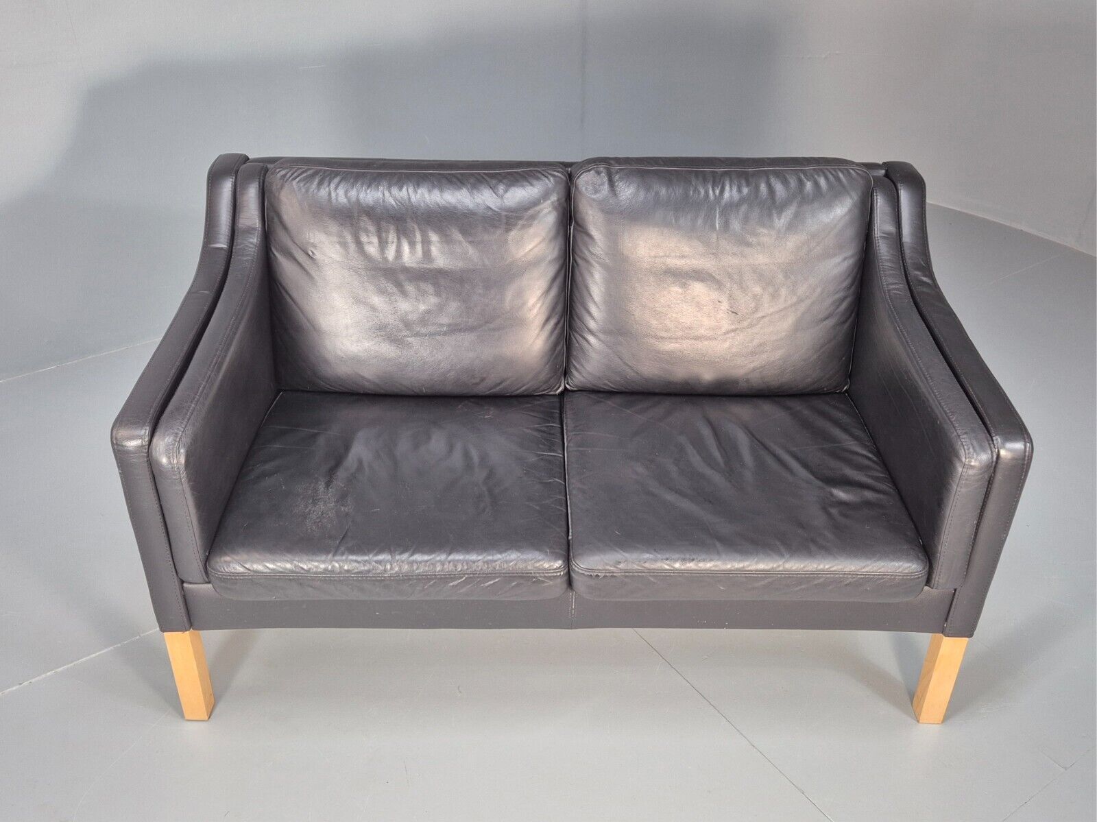 Vintage Danish 2 Seat Sofa Black Leather Mogensen Style Retro MCM EB8615 M2SS - UKDK FURNITURE