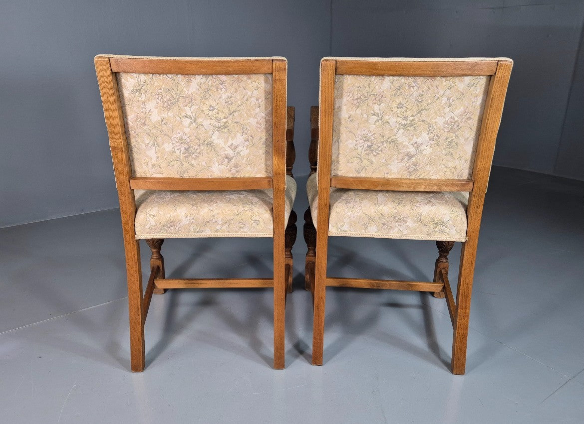 2 Antique Hall Chairs in Oak Frame and Floral Upholstery EB7362 VCAR10