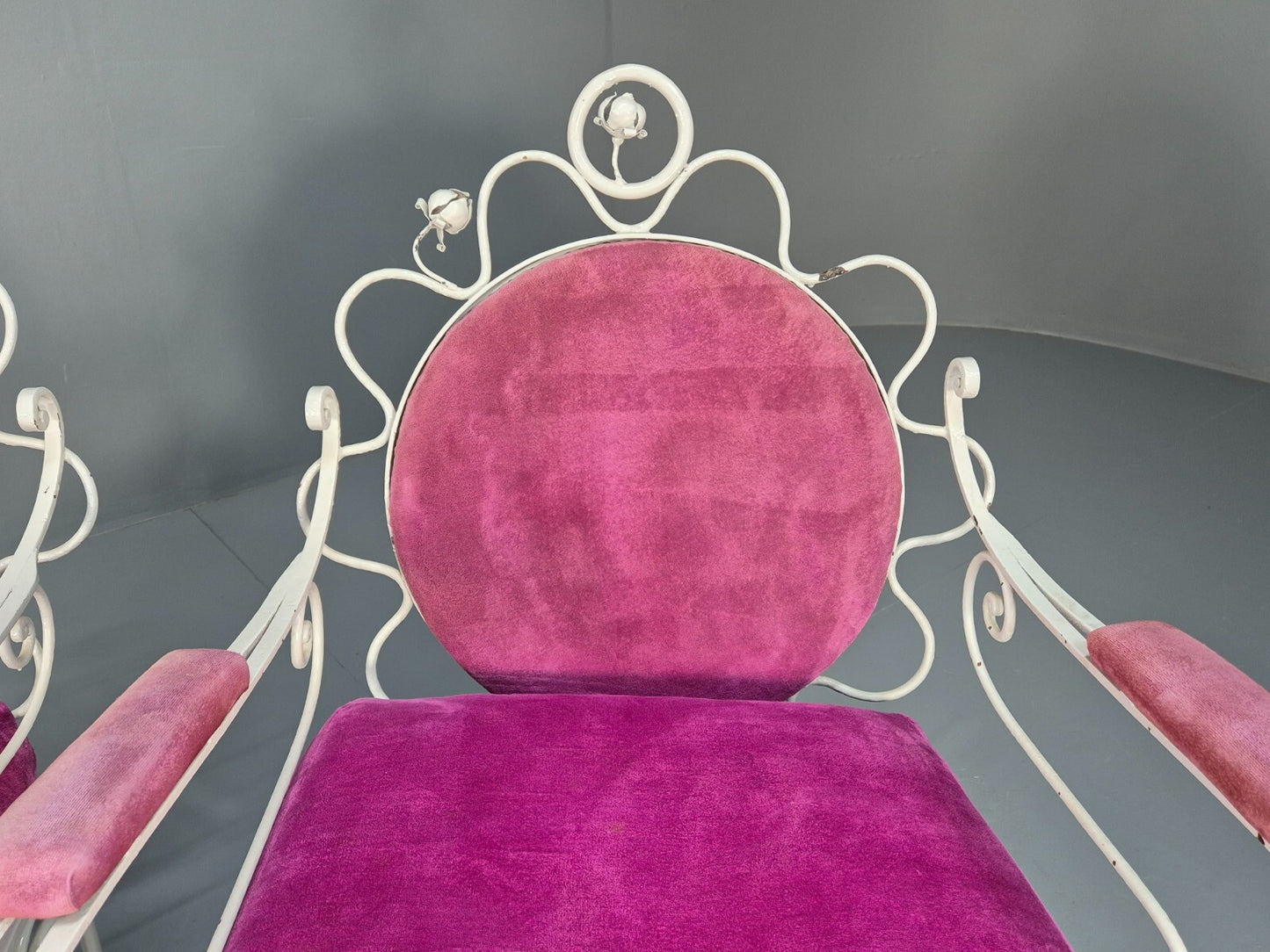 2 Vintage Pink Velvet and Wrought Iron 1950s Chairs French Orangery EB9677 VCLO - UKDK FURNITURE