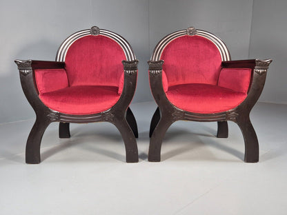 2 Vintage Danish Lounge Chairs Red Velour Mahogany Gondola Style EB8997 VCLO - UKDK FURNITURE