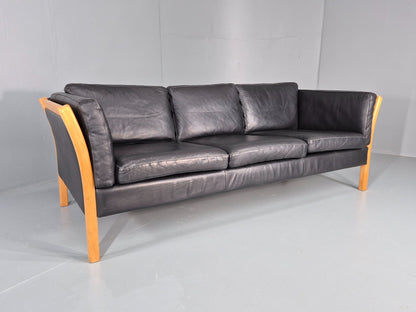 Vintage Stouby 3 Seat Sofa Danish Black Leather Beech End 1980s EB10556 M3SS0