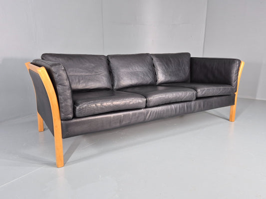 Vintage Stouby 3 Seat Sofa Danish Black Leather Beech End 1980s EB10556 M3SS0