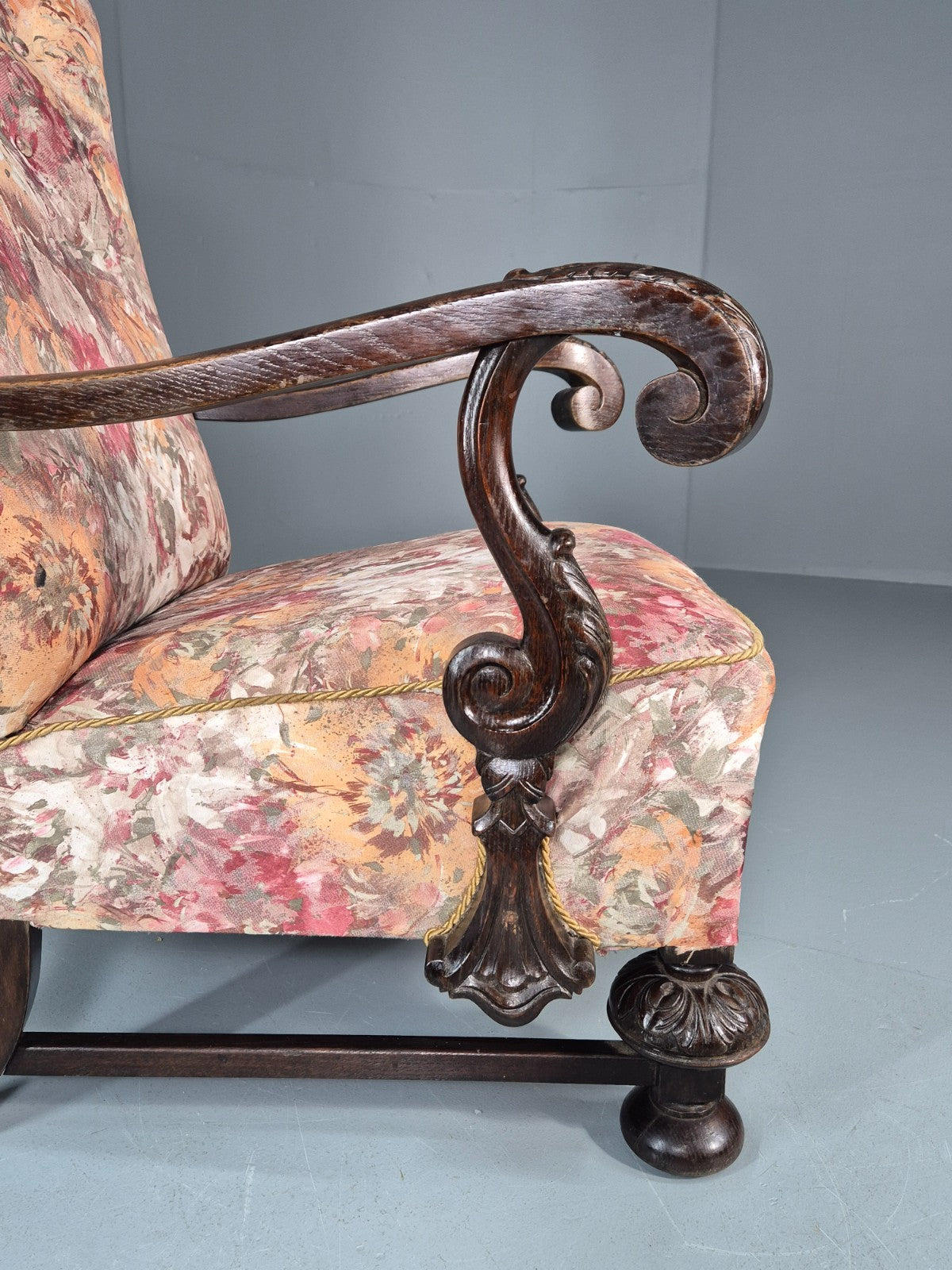 Vintage Carved Oak Chair Floral Fabric 1940s Traditional Curved EB10752 VCAR8