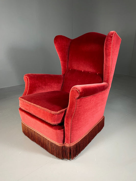 Vintage Danish Wingback Lounge Chair Red Velour Tassels 1940s Retro EB6450 VCLO - UKDK FURNITURE