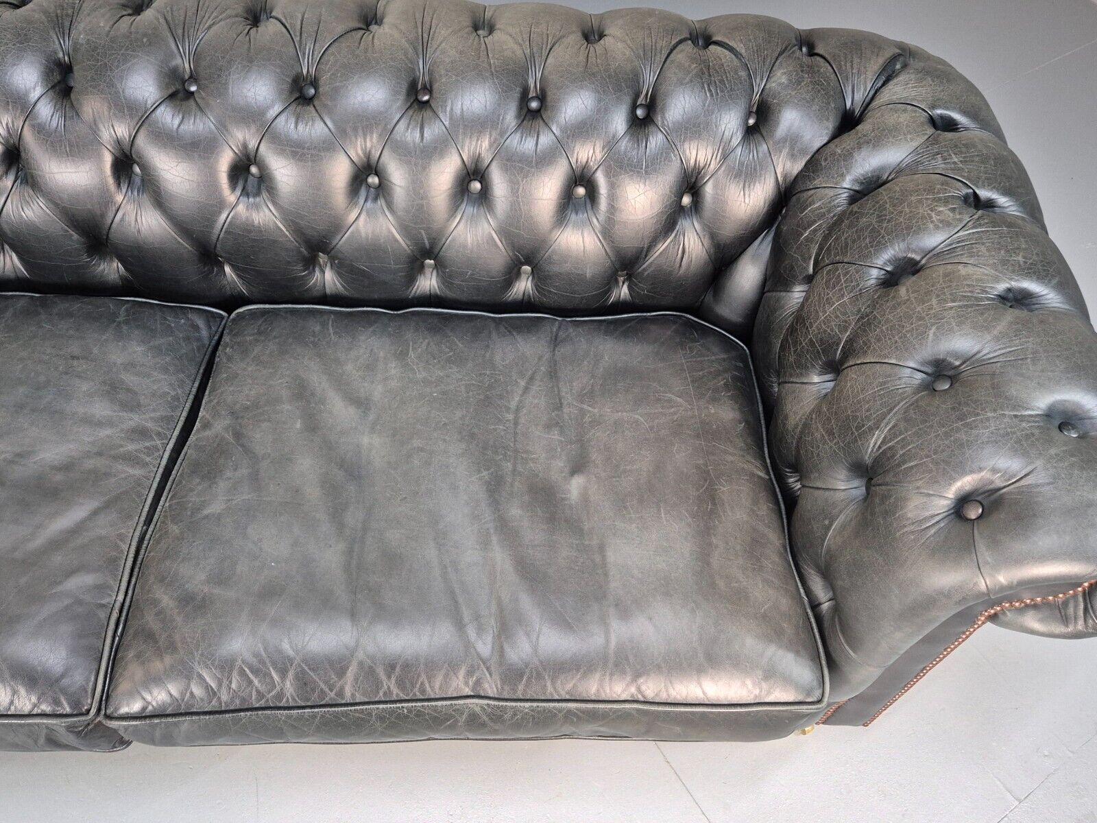 A Vintage Chesterfield Faded Black Leather 3 Seat Quality Build EB9161 VCHE - UKDK FURNITURE