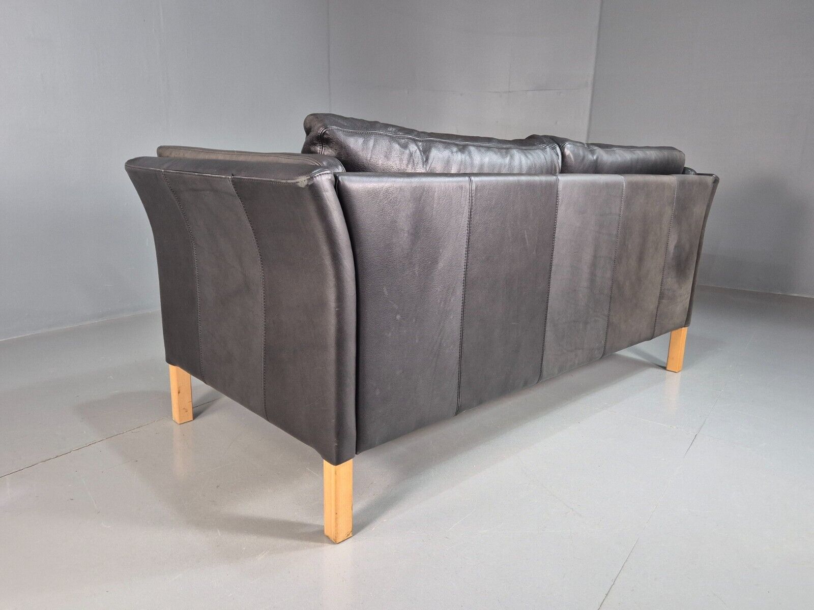 Vintage Danish Two Seat Sofa Faded Black Leather 1980s Retro MCM EB8168 M2SS - UKDK FURNITURE