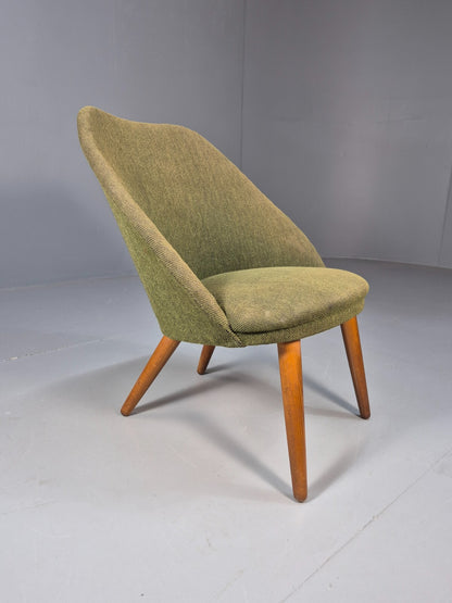 Vintage Danish Lounge Chair Curved Tub Form Green Wool Teak Legs MCM EB9264 MNOR - UKDK FURNITURE