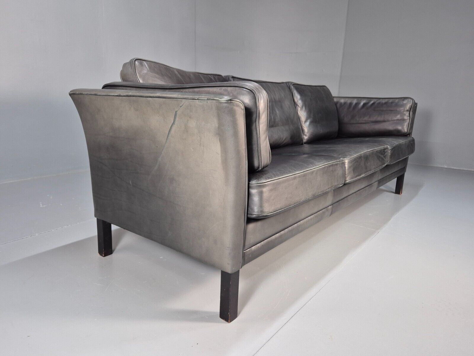 Vintage Danish 3 Seat Sofa Black Leather Mogens Hansen Retro 1970s EB8630 M3SS - UKDK FURNITURE