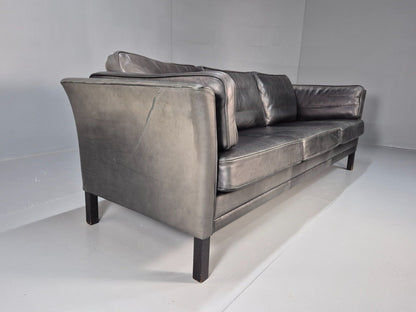 Vintage Danish 3 Seat Sofa Black Leather Mogens Hansen Retro 1970s EB8630 M3SS - UKDK FURNITURE