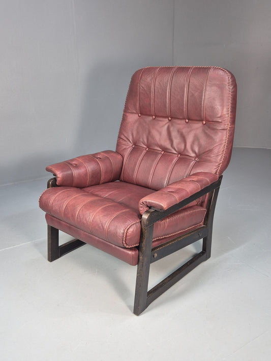 Vintage Danish Burgundy Leather 1980s Retro Lounge Chair MCM EB9793 MNOR - UKDK FURNITURE