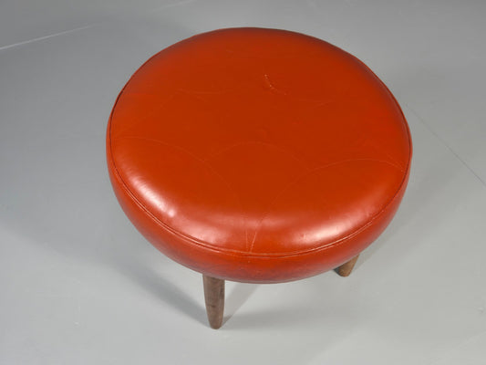 Mid Century Circular Footstool Red Vinyl Teak Legs 1960s Danish EB10882 MFOO1