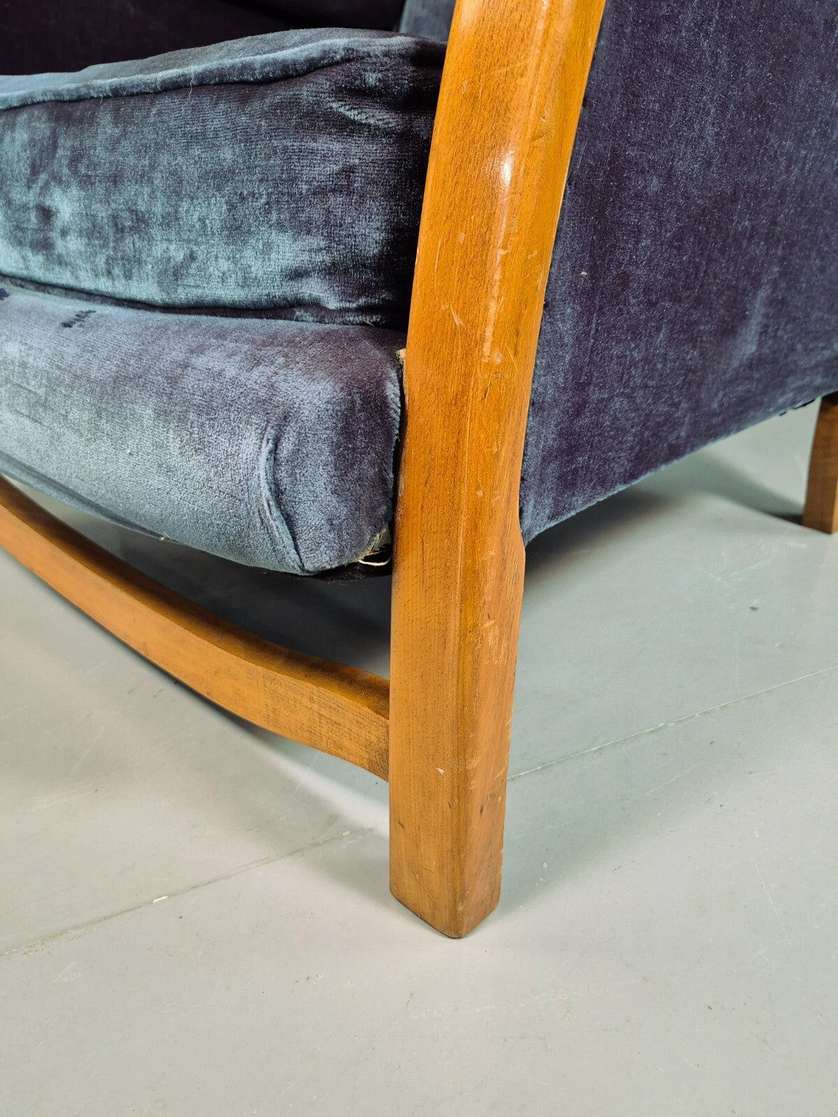 Vintage Lounge Wingback Chair Blue Velour Beech Frame 1950 Retro MCM EB7108 VCLO17