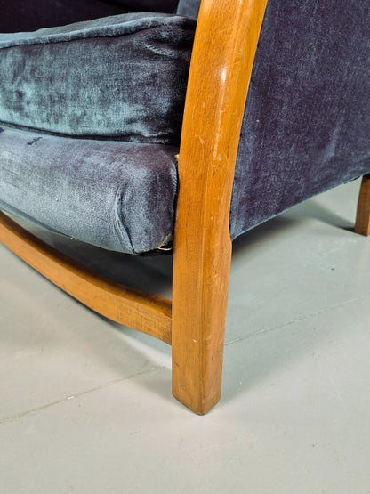 Vintage Lounge Wingback Chair Blue Velour Beech Frame 1950 Retro MCM EB7108 VCLO17