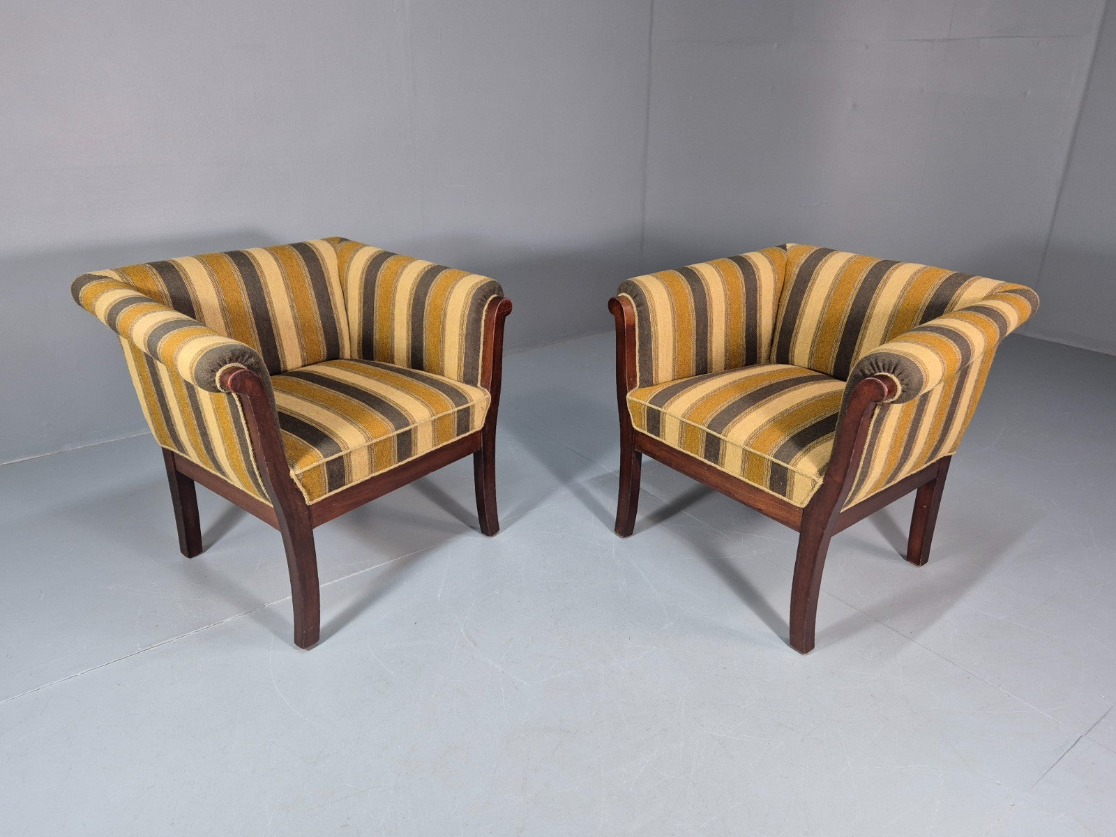 2 Art Deco Danish Lounge Chair Mahogany Frame 3 Green Stripe 1940s EB10748 VCLO5