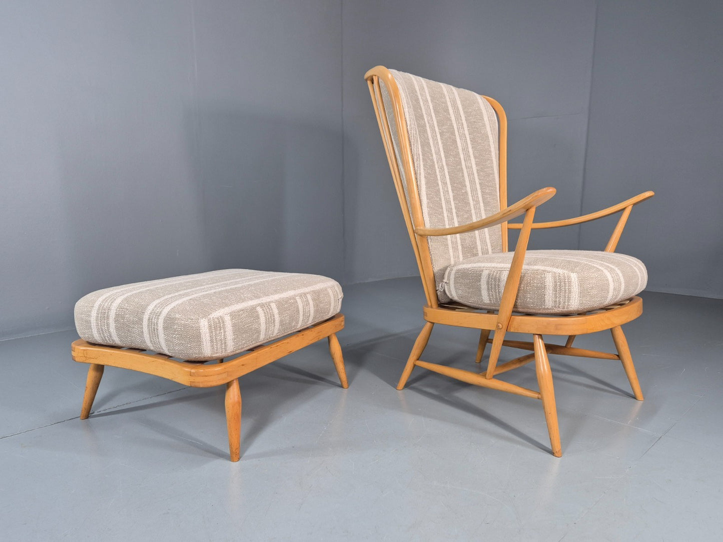 Vintage Ercol 415 Chair and Footstool with New Upholstery Retro  EB10293 MNOR15