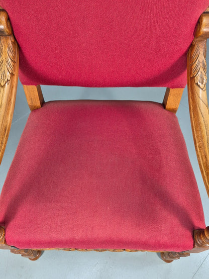Vintage Danish Baroque Style Armchair in Red Wool and Oak 1950s EB9582 VCAR - UKDK FURNITURE
