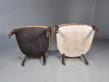 2 Vintage Lounge Chair Gold Stripe Mahogany Inlay Edwardian Revival EB8429 VCLO - UKDK FURNITURE