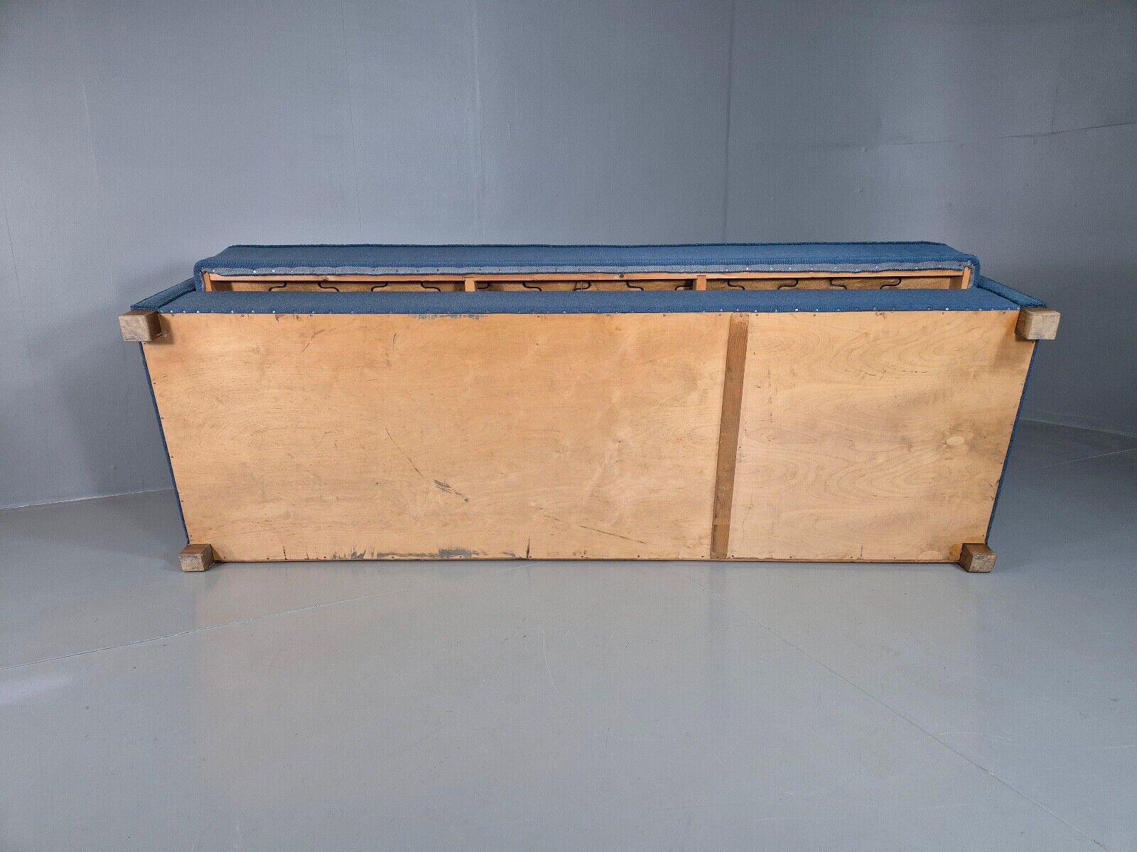 Vintage Danish Sofa Bed Blue Wool Teak Arms 1960s Retro MCM EB7259 M3SS - UKDK FURNITURE