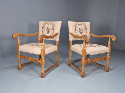 2 Baroque Elbow Chairs Oak Frame Vintage Denmark Floral Upholstery EB10727 VCAR0