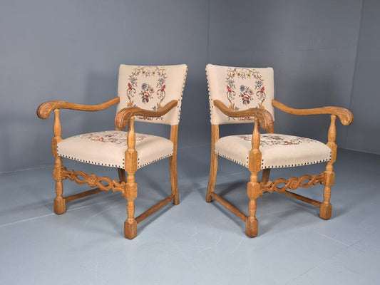 2 Baroque Elbow Chairs Oak Frame Vintage Denmark Floral Upholstery EB10727 VCAR0