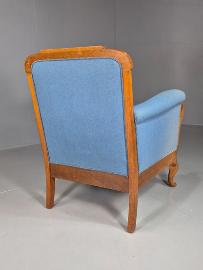 Vintage Danish Lounge Chair Blue Cloth Oak Frame 1900s Antique VCLO EB7813 - UKDK FURNITURE