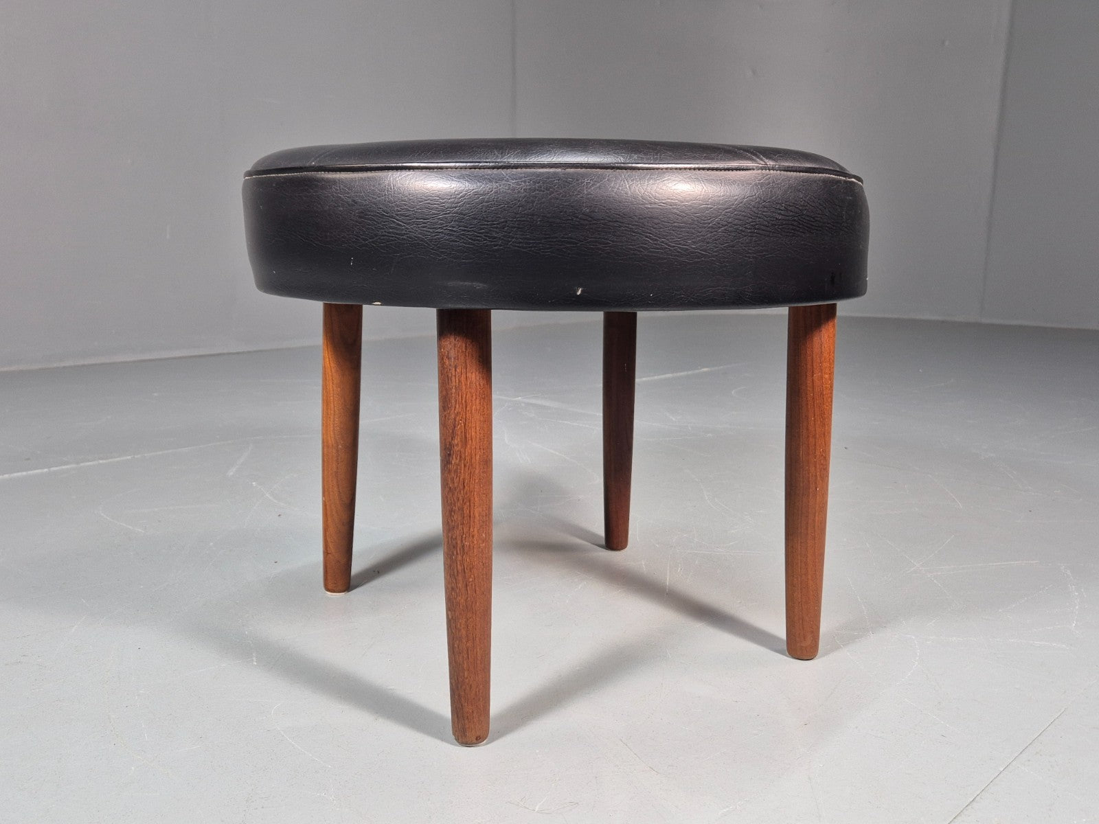 1960s Circular Footstool Danish Vinyl and Teak Retro MCM EB10883 MFOO8