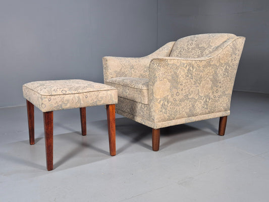 Vintage Danish Lounge Chair with Ottoman Floral Cotton 1980s Retro EB9594 MNOR - UKDK FURNITURE