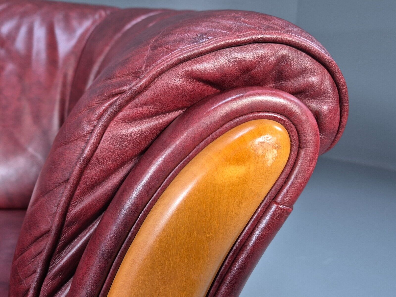 Vintage Danish 2 Seat Sofa Red Leather Wood Trim 1990s Retro EB8567 M2SS - UKDK FURNITURE