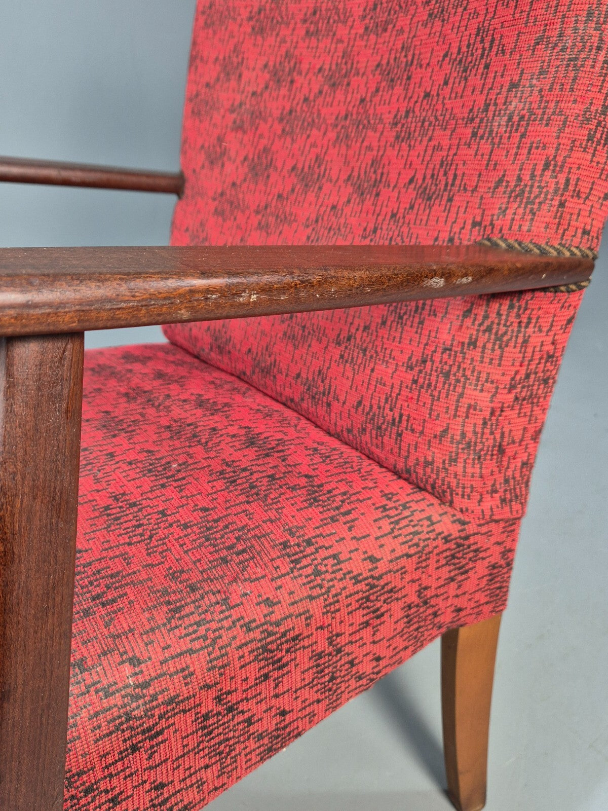 Mid Century Danish Armchair Teak Wood Red Pattern Fabric Vintage 60s EB9598 MNOR12