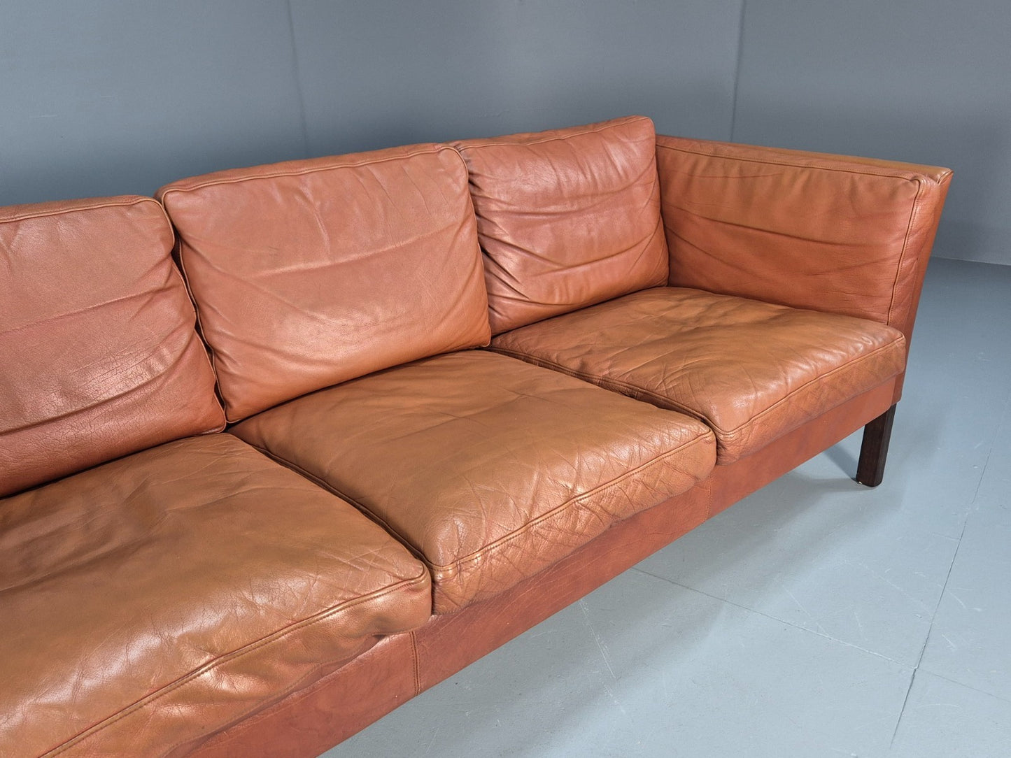 MidCentury Three Seater Sofa Tan Leather Vintage Danish Retro 1970s EB10721 M3SS2