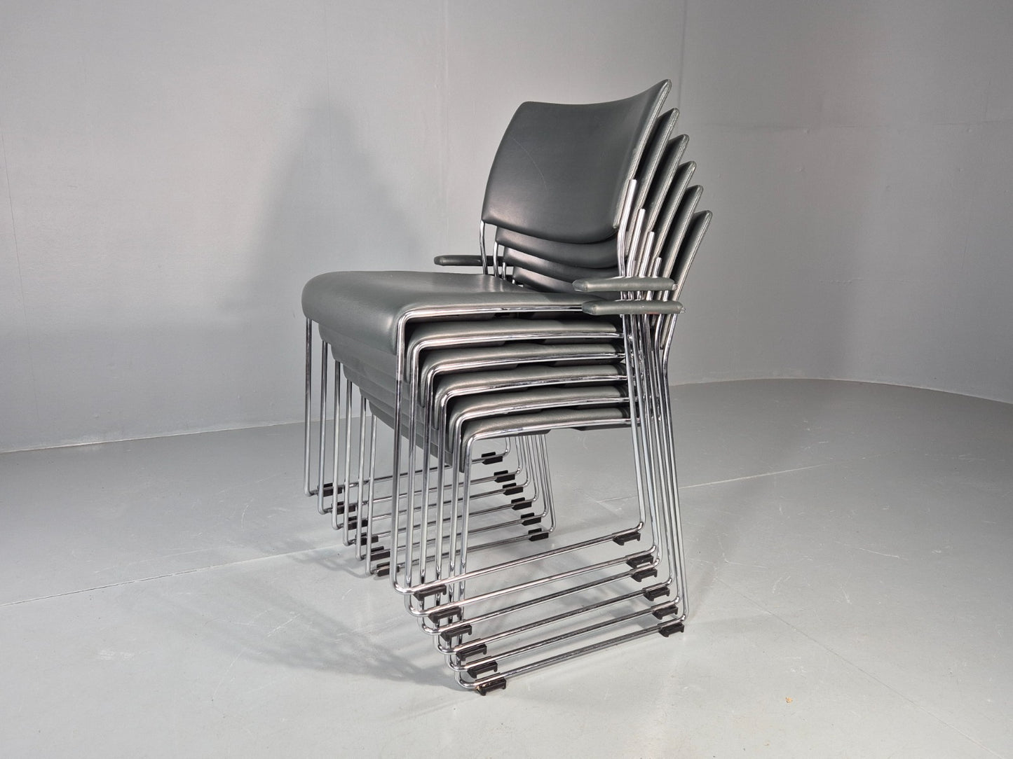 6 Leather Stacking Chairs Brunner Linos Dark Green Chrome Modern EB11734 MSTA2