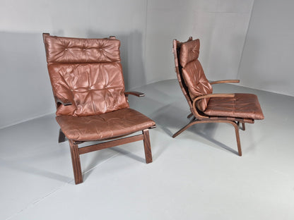 2 Mid Century Danish Leather Lounge Chairs Farstrup 1970s Bentwood EB11412 MBEN17