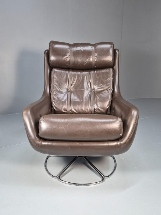 Vintage 1970s Brown Vinyl Bucket Swivel Chair on Chrome Base Retro EB9705 MSWI - UKDK FURNITURE