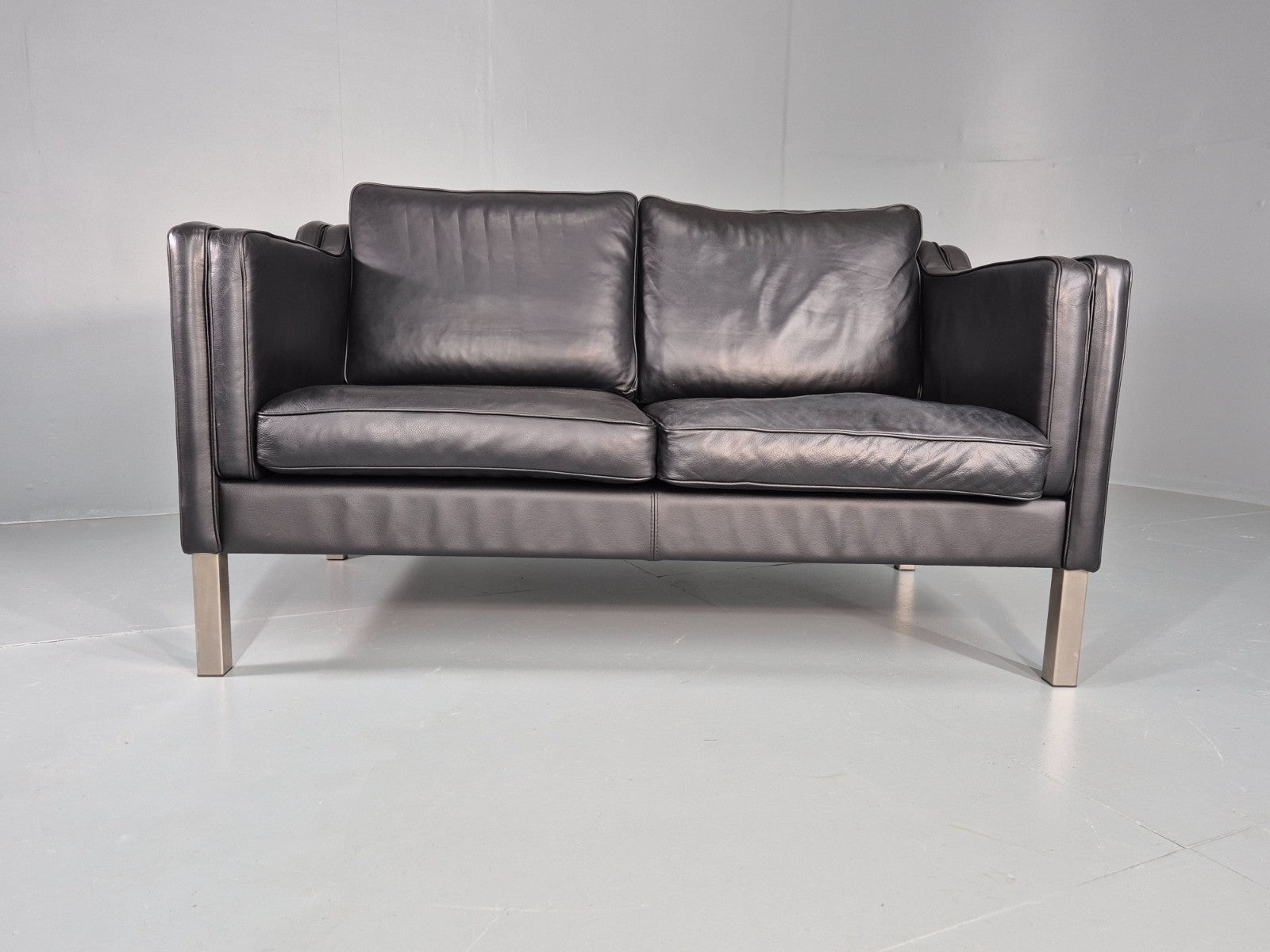 Vintage 2 Seat Leather Sofa Mid Century Danish Mogensen shape Black EB10465 M2SS4