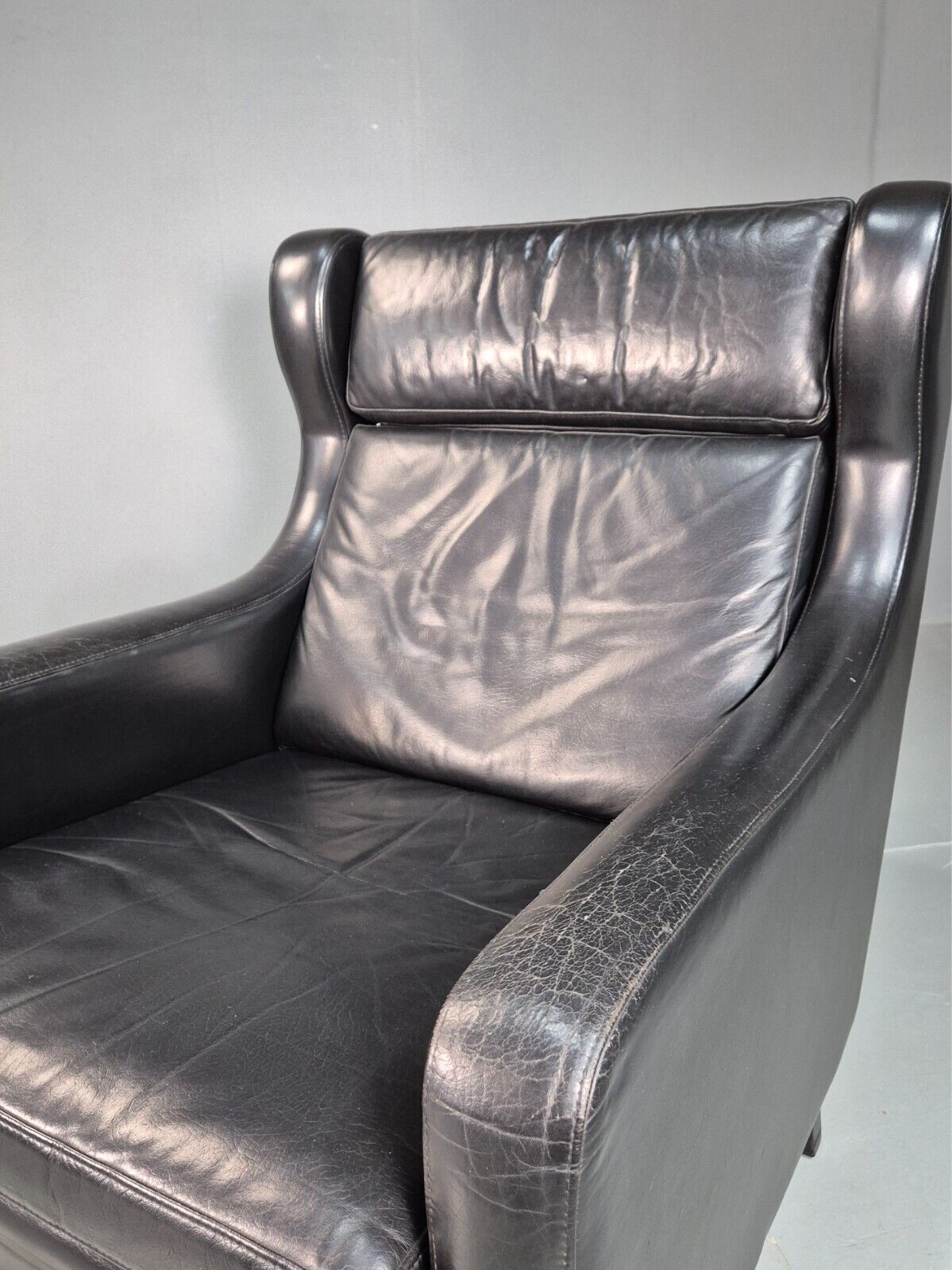 Vintage Danish Lounge Chair Black Leather Wingback 1970s Retro MCM EB8237 MNOR - UKDK FURNITURE
