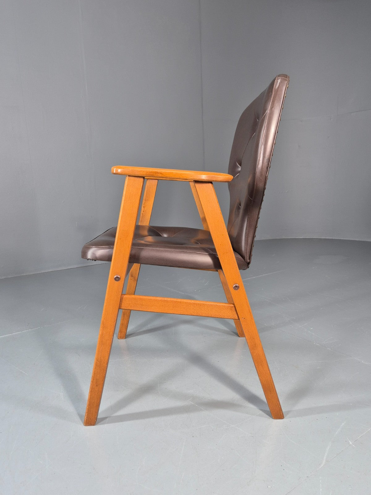 Mid Century Lounge Chair Vintage Swedish 1960s Beech Brown Vinyl EB11139 MNOR9