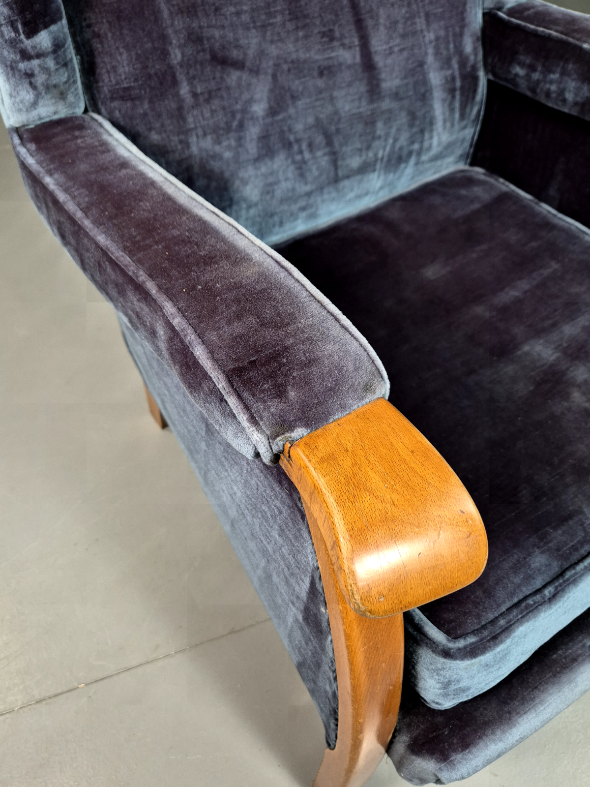 Vintage Lounge Wingback Chair Blue Velour Beech Frame 1950 Retro MCM EB7108 VCLO13