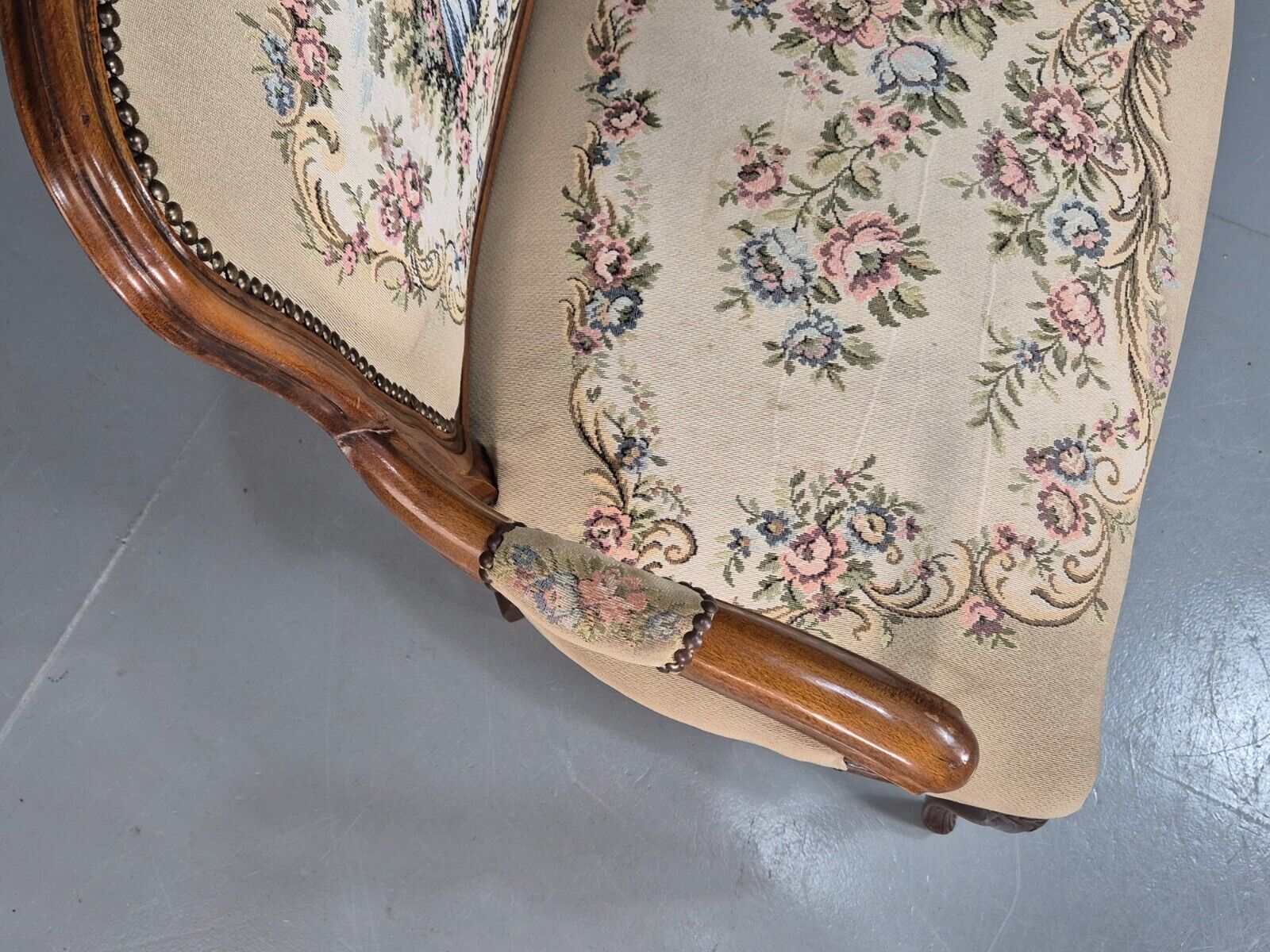 Vintage Danish 2 Seat Open Arm Sofa French Regency Style Embroidery EB8074 V2SS - UKDK FURNITURE