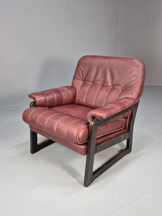 Vintage Danish Burgundy Leather Lounge Chair Stitch Detail 1980s MCM EB9259 MNOR - UKDK FURNITURE