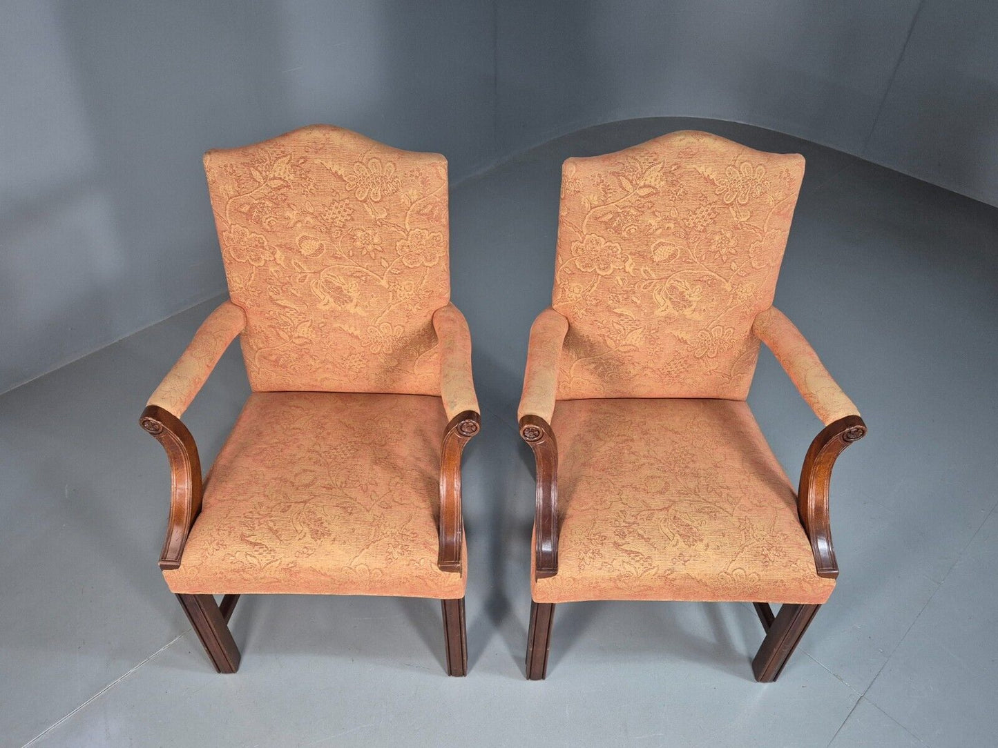 2 Vintage Lounge Chair Peach Floral Cotton Georgian Style 1980 Repro EB8215 VCLO - UKDK FURNITURE