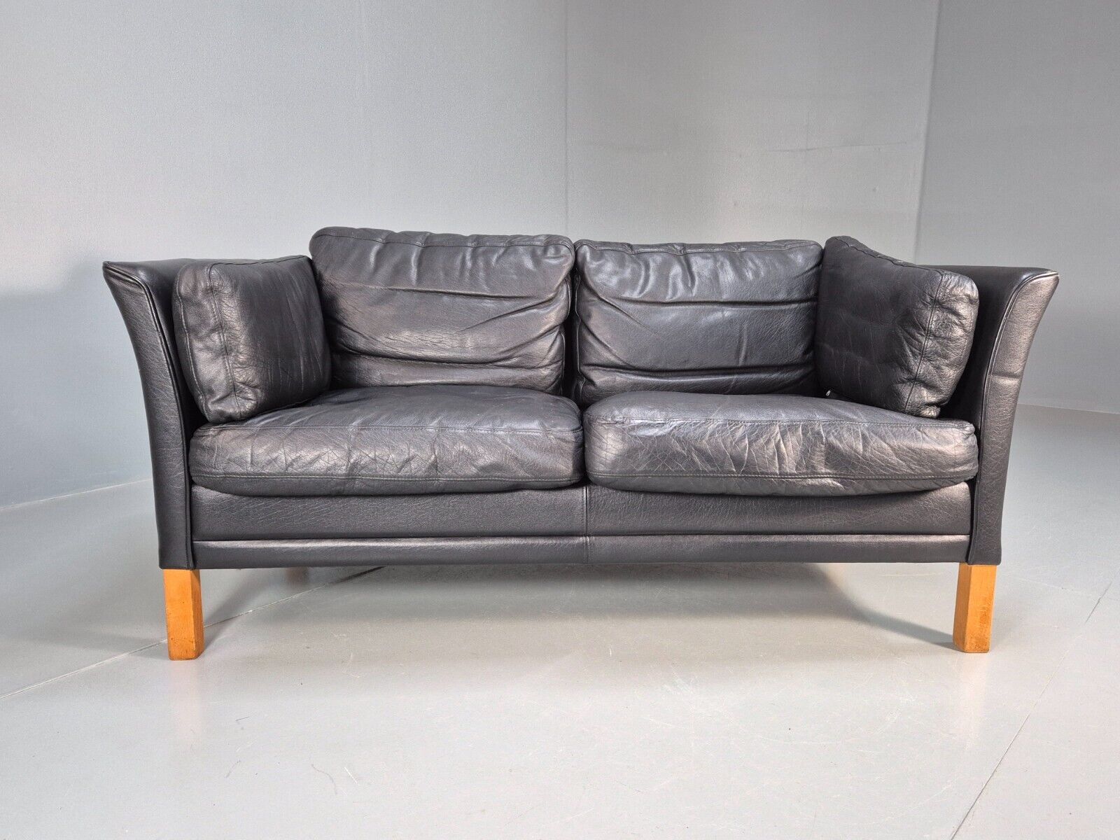 Vintage Danish 2 Seat Sofa Black Leather 1980s Retro MCM EB8696 M2SS - UKDK FURNITURE