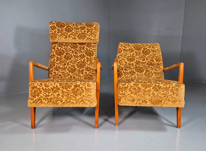 2 Swedish Lounge Chairs Gold Floral Moquette Beech Vintage 1960s MCM EB7031 MNOR4