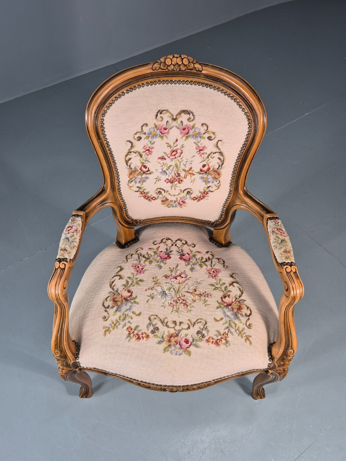 French Rococo Fauteuil Chair Floral Embroidered 1960s Retro EB10777 VDIN2