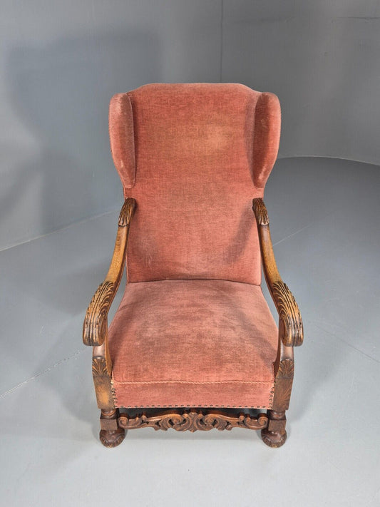 Vintage Danish Lounge Chair Pink Peach Velour Oak 17th Century Style EB8970 VCLO - UKDK FURNITURE