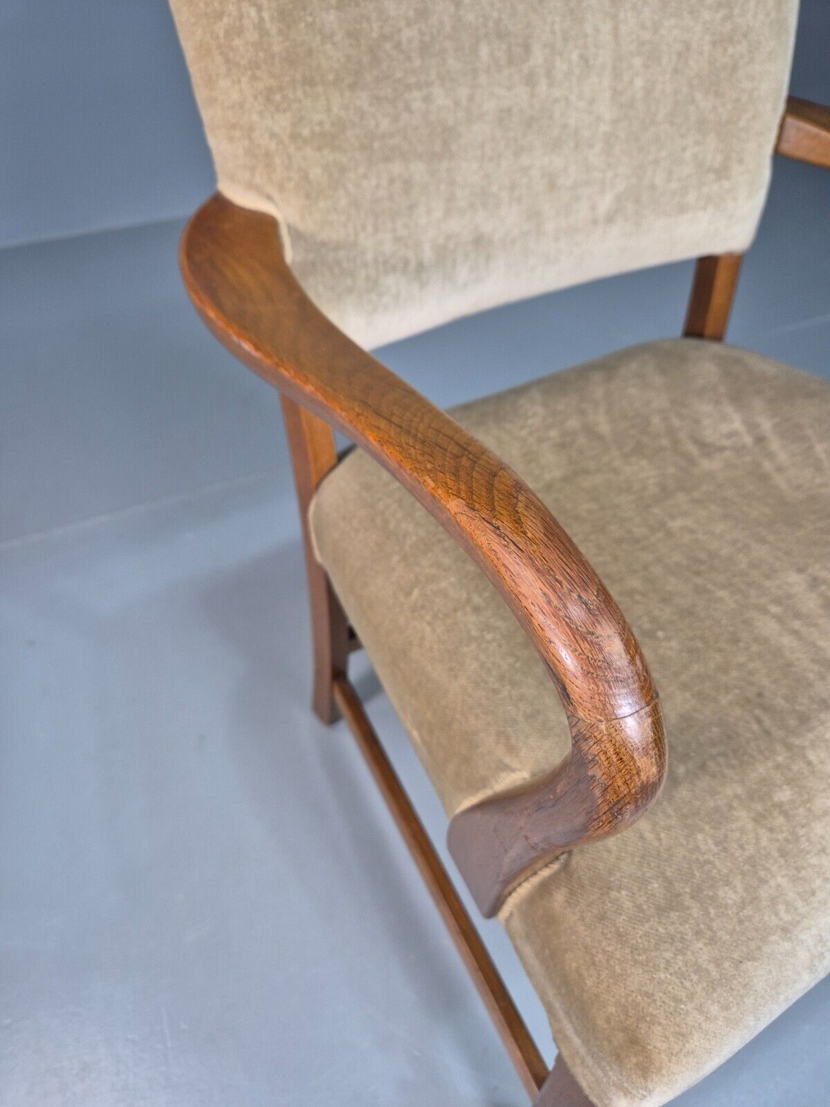 Vintage Danish Oak And Light Green Velour Elbow Chair EB8010 VDIN - UKDK FURNITURE