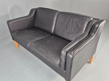 Vintage 2 Seat Sofa Danish Black Leather Mogensen Style Retro 1980s EB10464 M2SS19