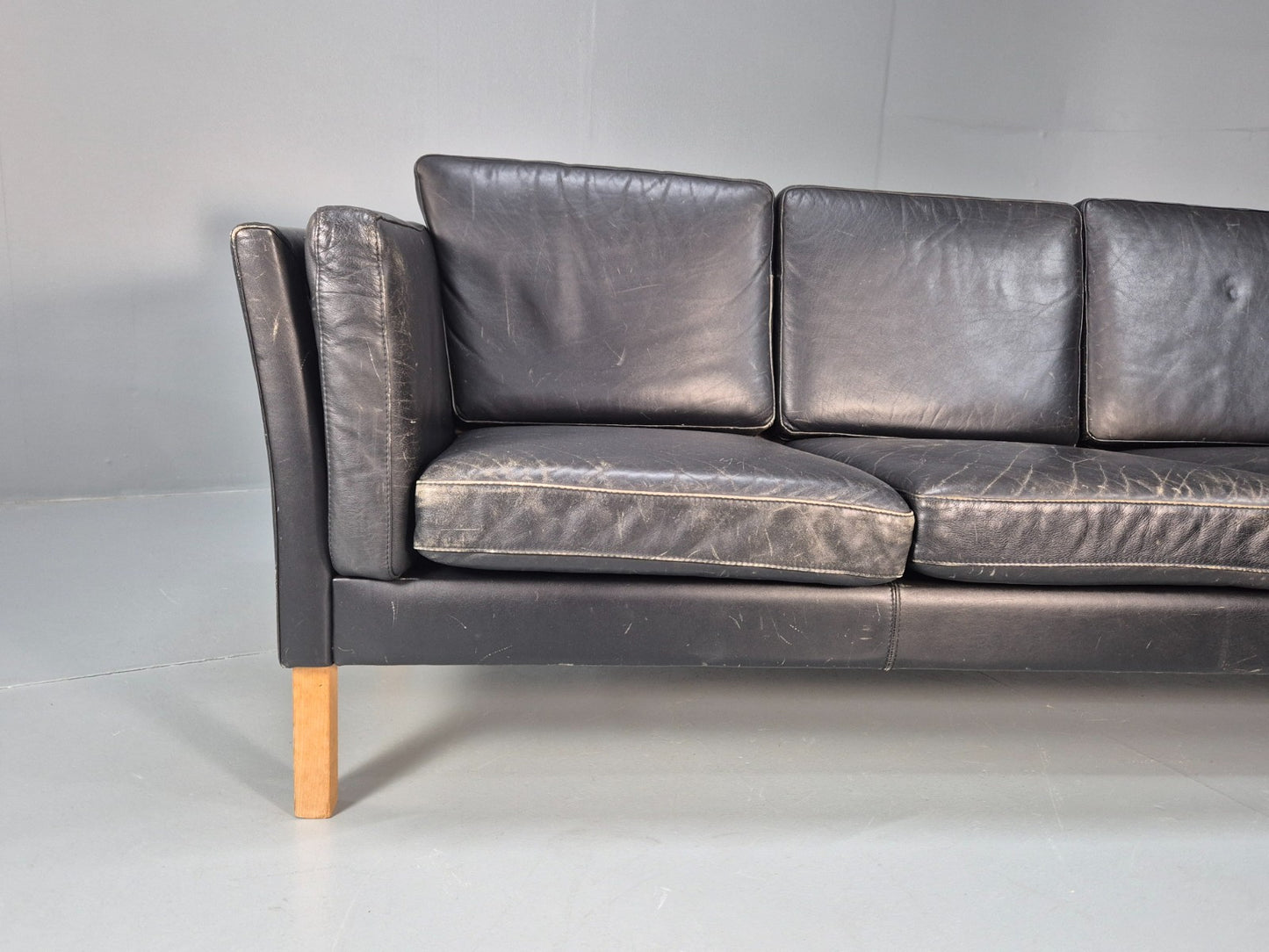 Vintage 3 Seat Sofa Danish Black Leather Mid Century Retro 1980s EB10073 M3SS2